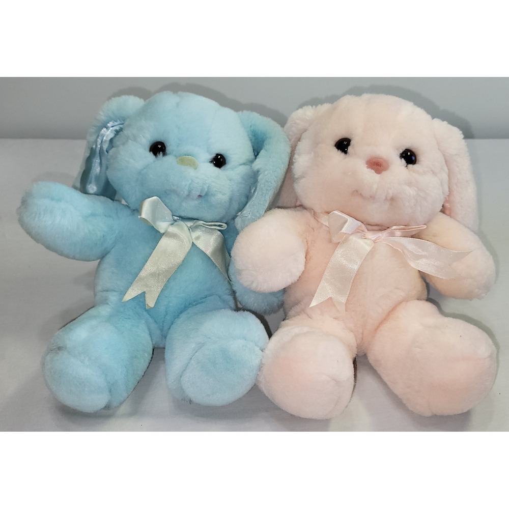 2 Commonwealth Plush Easter Bunny Rabbit Blue Pink Floppy Ears Satin Bow 8" Vtg
